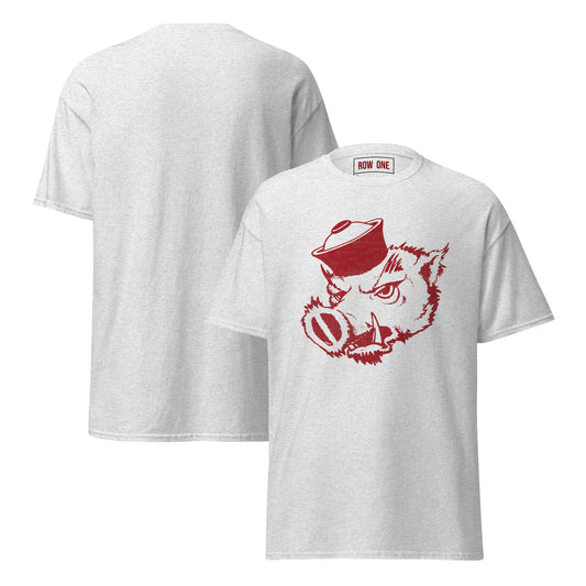 A light heather gray t-shirt shown from both front and back. The front features a red graphic design of a wild boar wearing a sailor hat, and the inside collar shows the trademark name 'ROW ONE'.