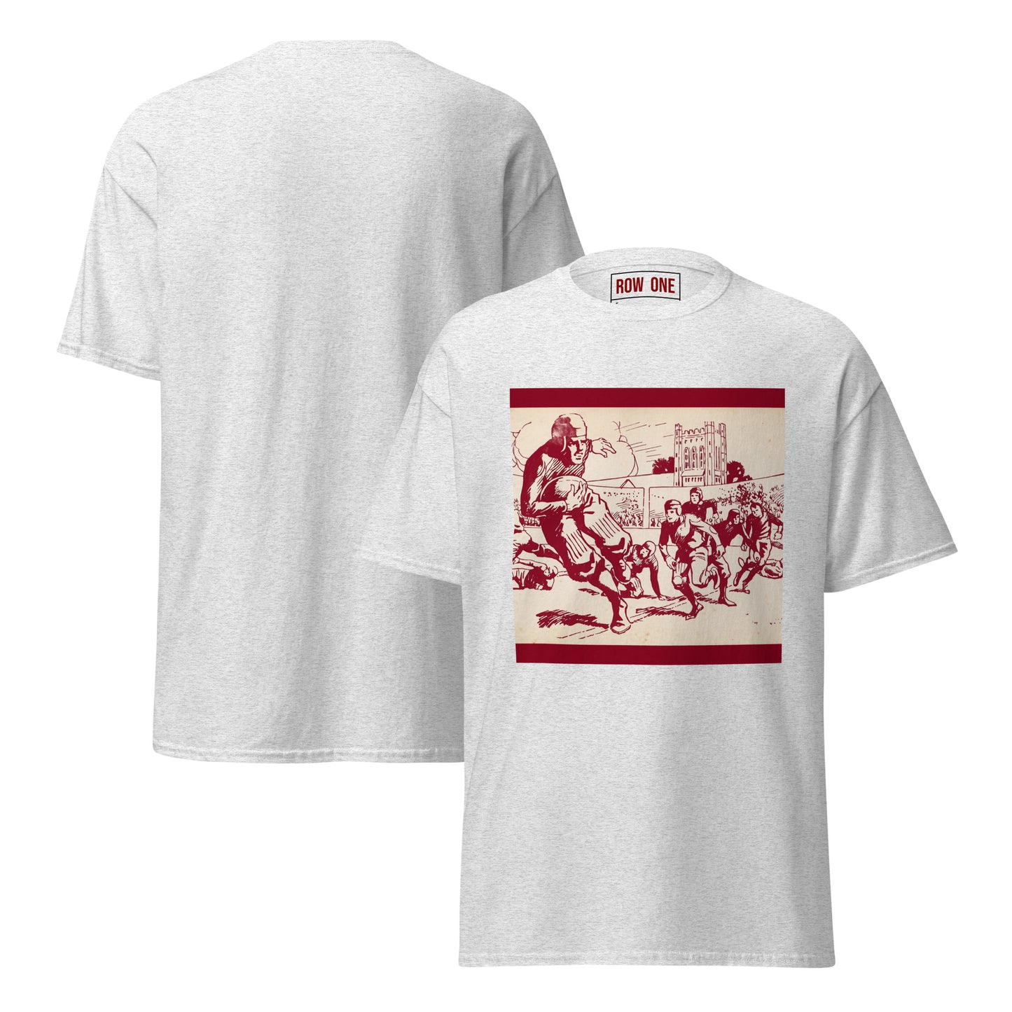 A light heather gray t-shirt shown from both front and back. The front features a large red graphic print depicting a historical football scene with the text 'ROW ONE' on the inner neck label.
