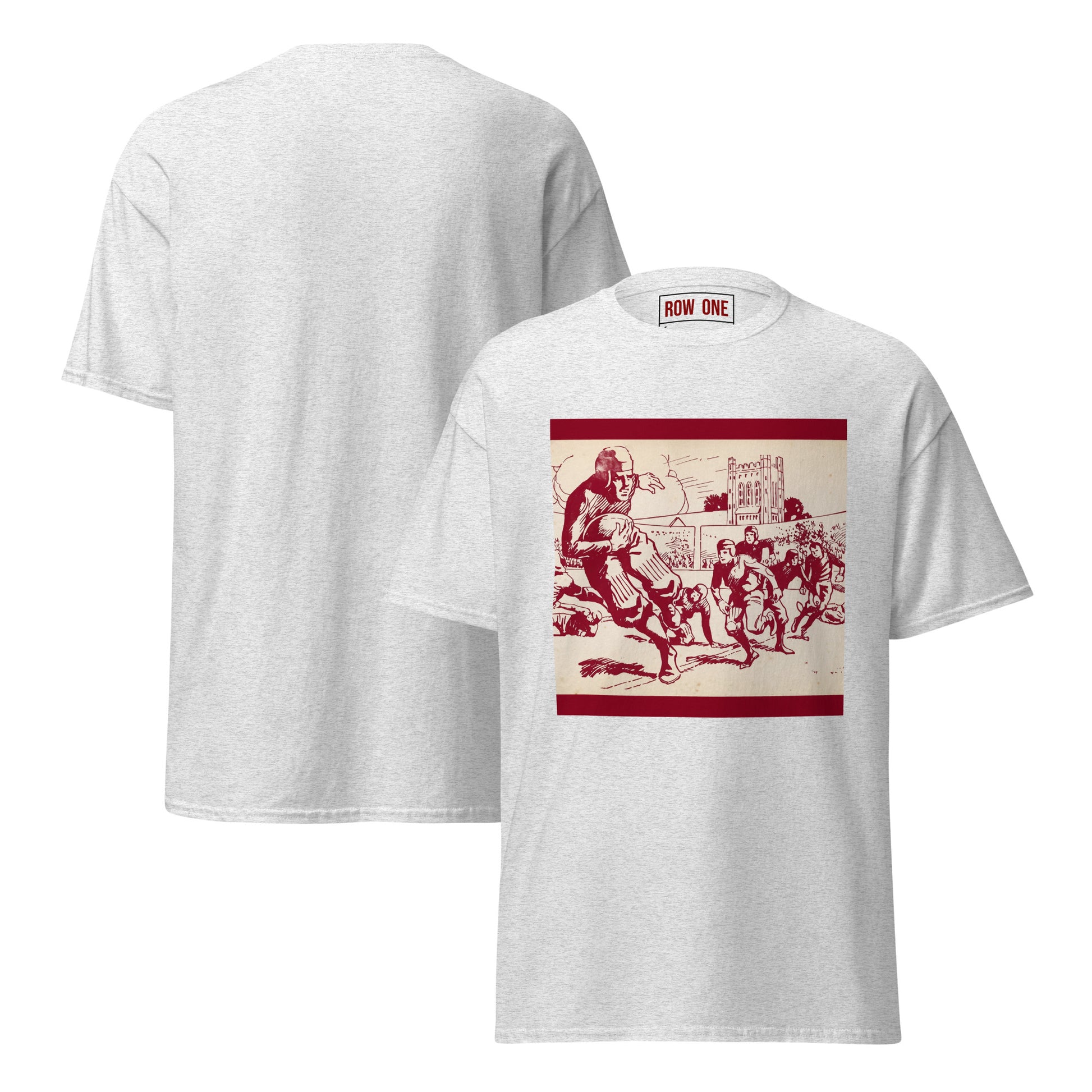 A light heather gray t-shirt shown from both front and back. The front features a large red graphic print depicting a historical football scene with the text 'ROW ONE' on the inner neck label.
