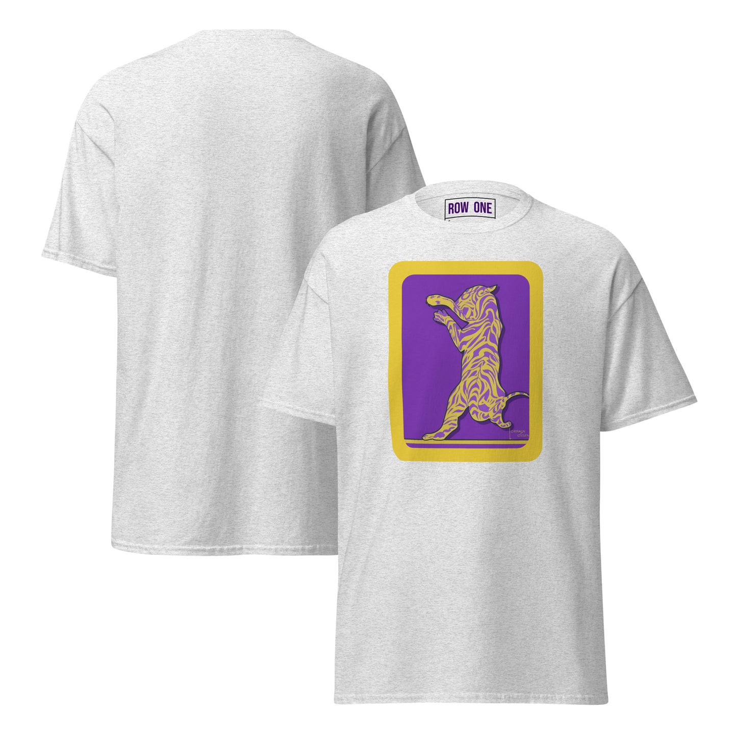 A light heather gray t-shirt shown from both front and back. The front features a graphic print of a stylized cat in gold on a purple background with a gold border.