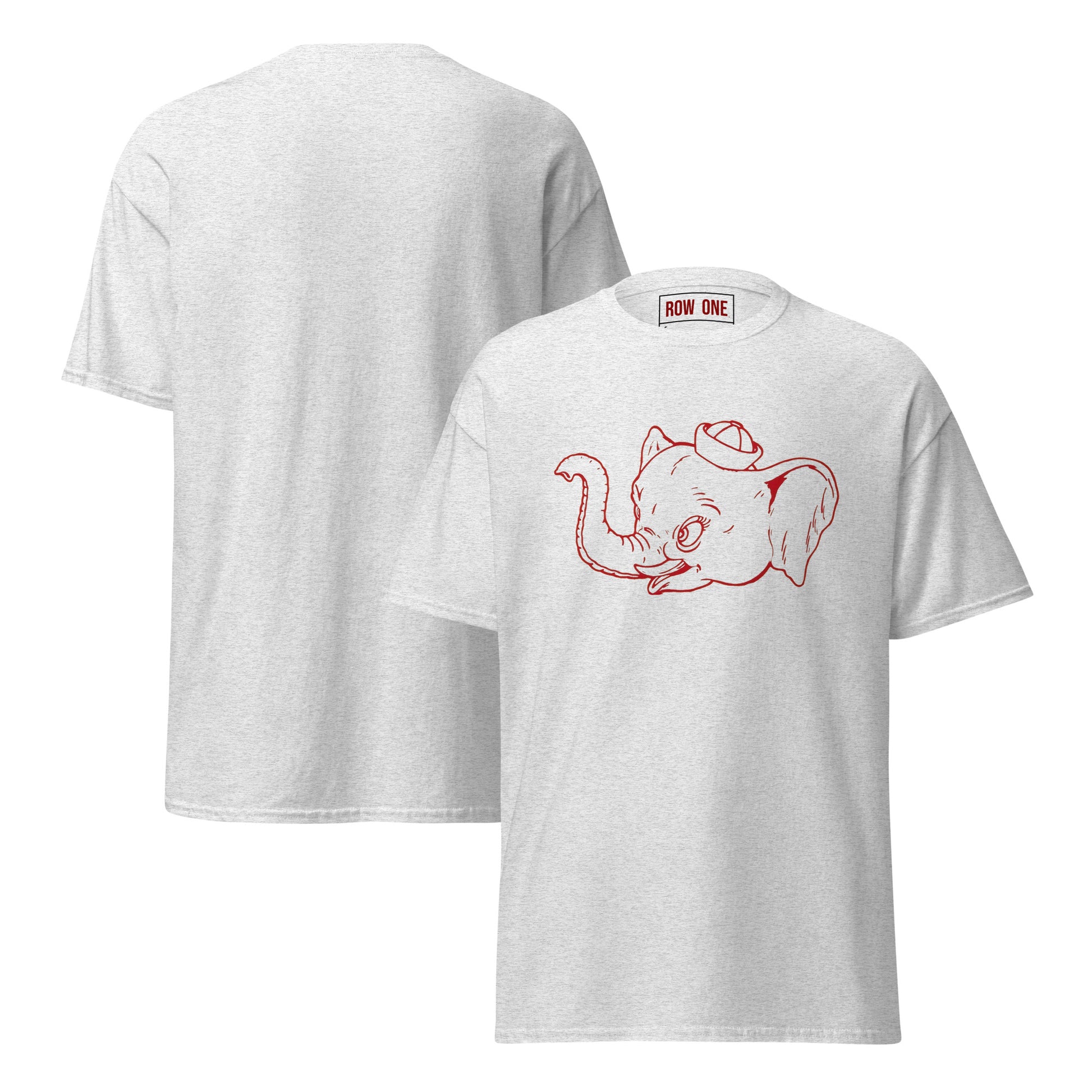 A light heather gray t-shirt shown from both the front and back. The front features a red line art graphic of a cartoon elephant wearing a small hat.