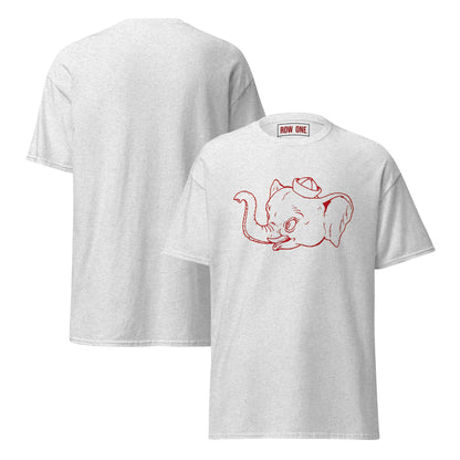 A light heather gray t-shirt shown from both the front and back. The front features a red line art graphic of a cartoon elephant wearing a small hat.