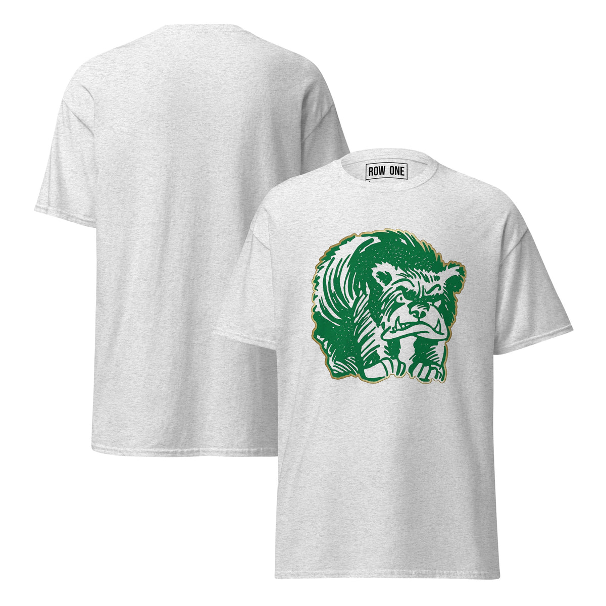 Row One™ trademark inside label tee with front graphic design ash t-shirt with a 1950s bear on the chest, shown from front and back views.