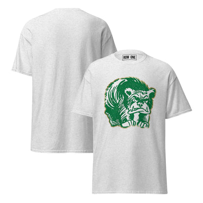 Row One™ trademark inside label tee with front graphic design ash t-shirt with a 1950s bear on the chest, shown from front and back views.