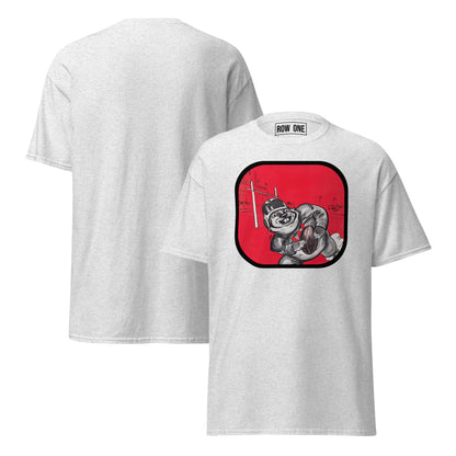 A light heather gray t-shirt shown from both front and back. The front features a red graphic with a cartoon football mascot wearing a helmet and holding a football.