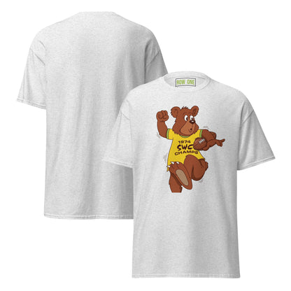 A white crewneck t-shirt shown from both the front and back. The front features a cartoon graphic of a brown bear wearing a yellow shirt that reads '1974 SWC CHAMPS'.