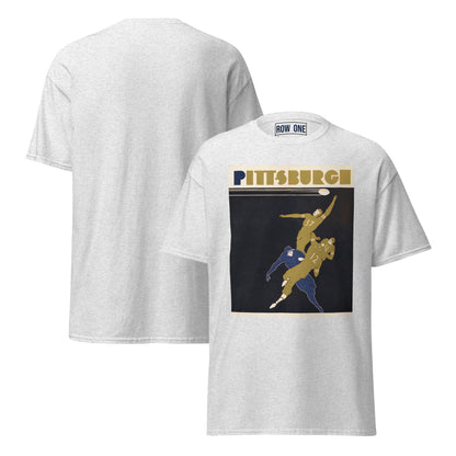 A light heather gray t-shirt shown from both front and back. The front features a graphic print of two football players with 'PITTSBURGH' written above in gold, and a 'ROW ONE' brand label inside the collar.
