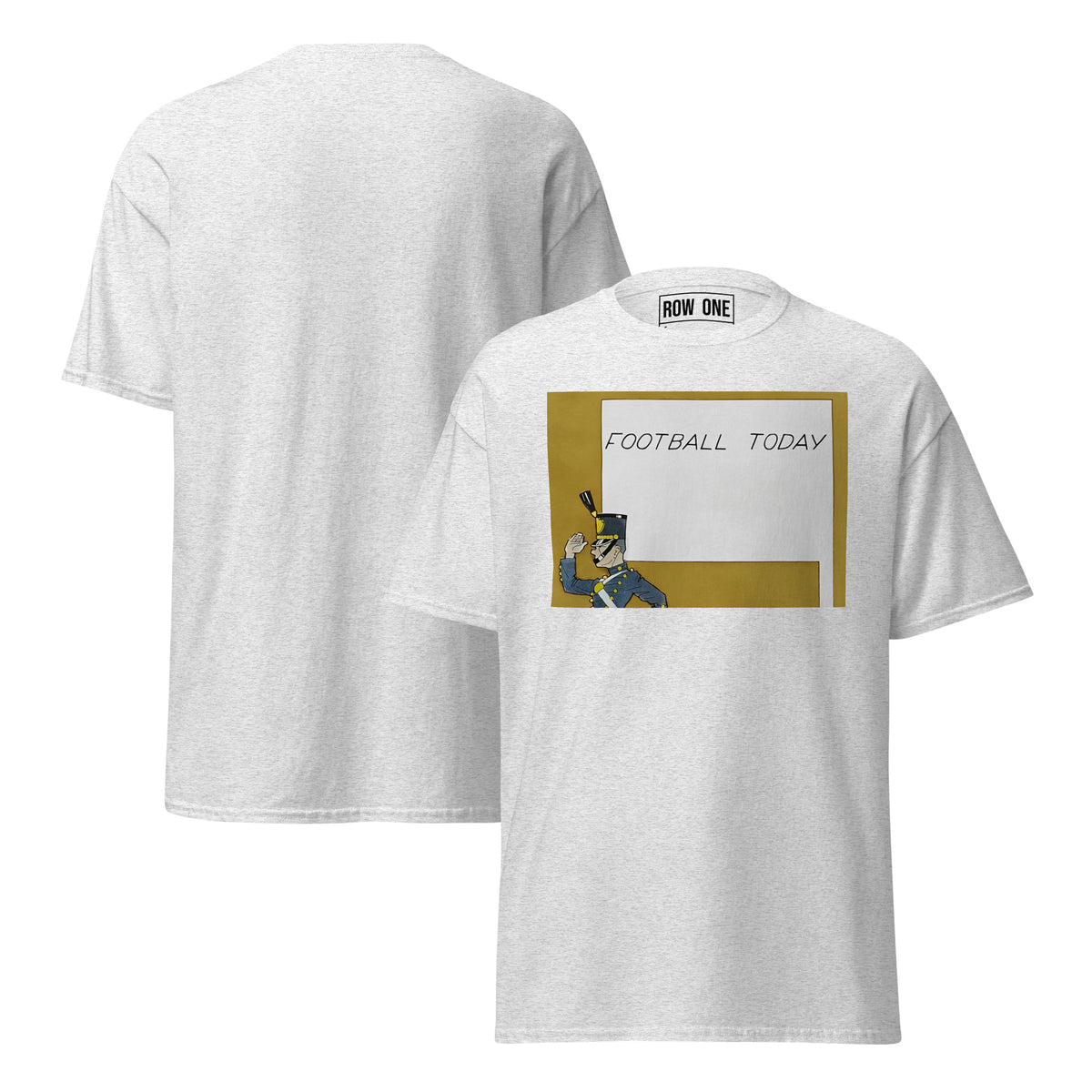 1939 Football Today Vintage College Football Tee from Row One Brand with Row One trademark inside label. Art shows cadet marching and a sign that reads "Football Today"