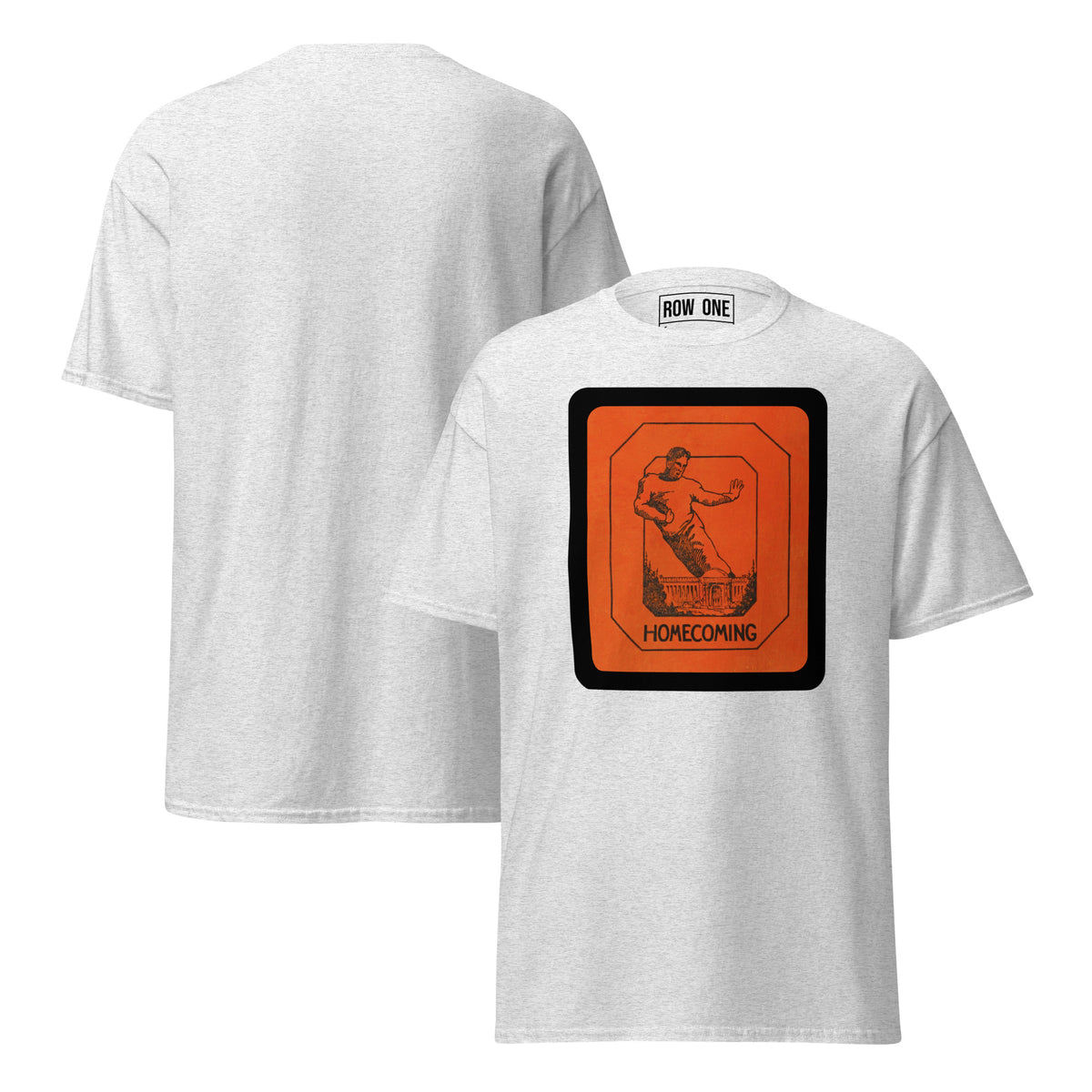 A light heather gray t-shirt shown from both front and back. The front features a large orange and black 'Homecoming' football player graphic on the chest, and the back is plain.
