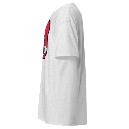 A light heather gray short-sleeve t-shirt shown from a side profile view, featuring a red and black graphic print on the upper back.