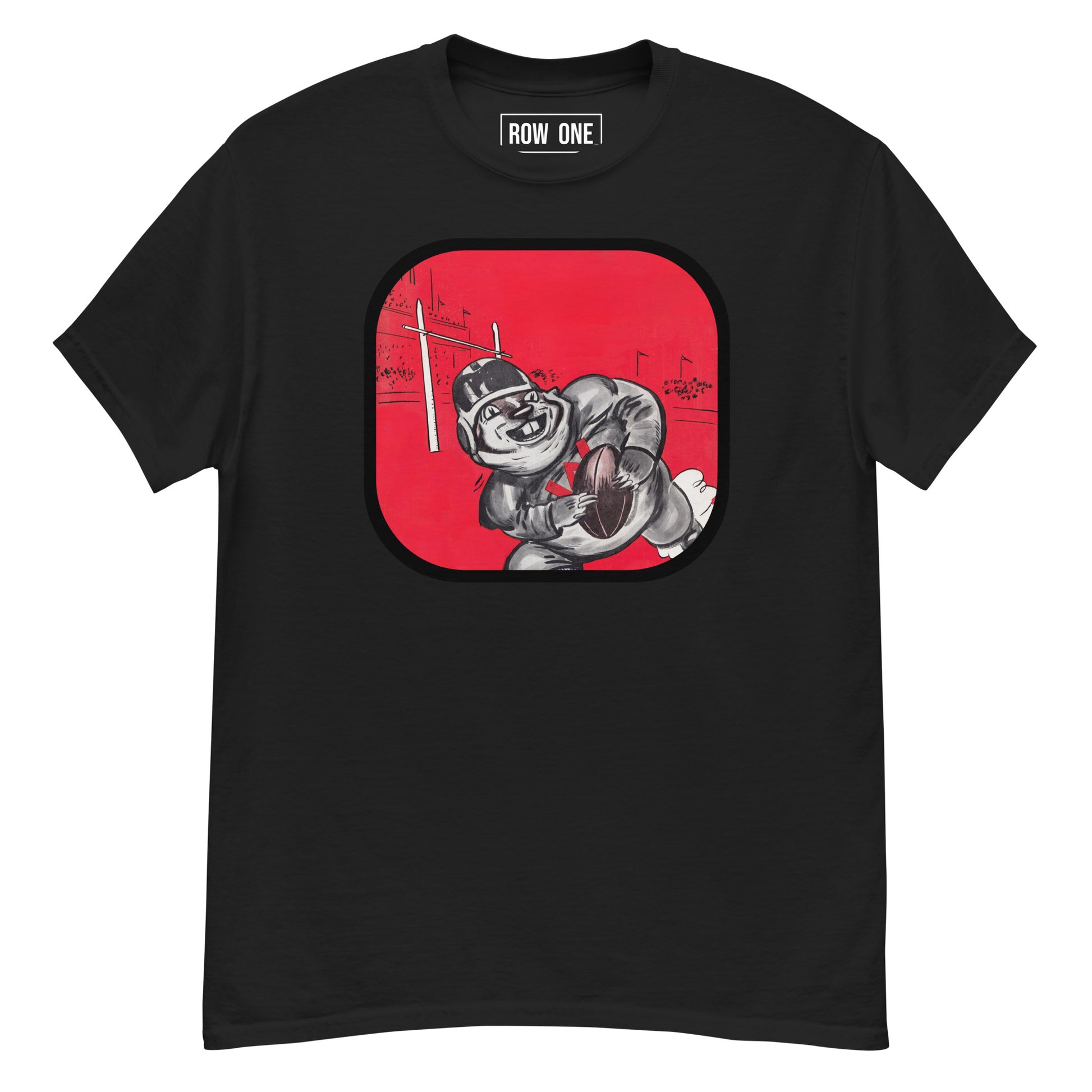 A black short-sleeve crewneck t-shirt featuring a graphic print of a cartoon football player on a red rounded square background, with the brand name 'ROW ONE' printed inside the collar.