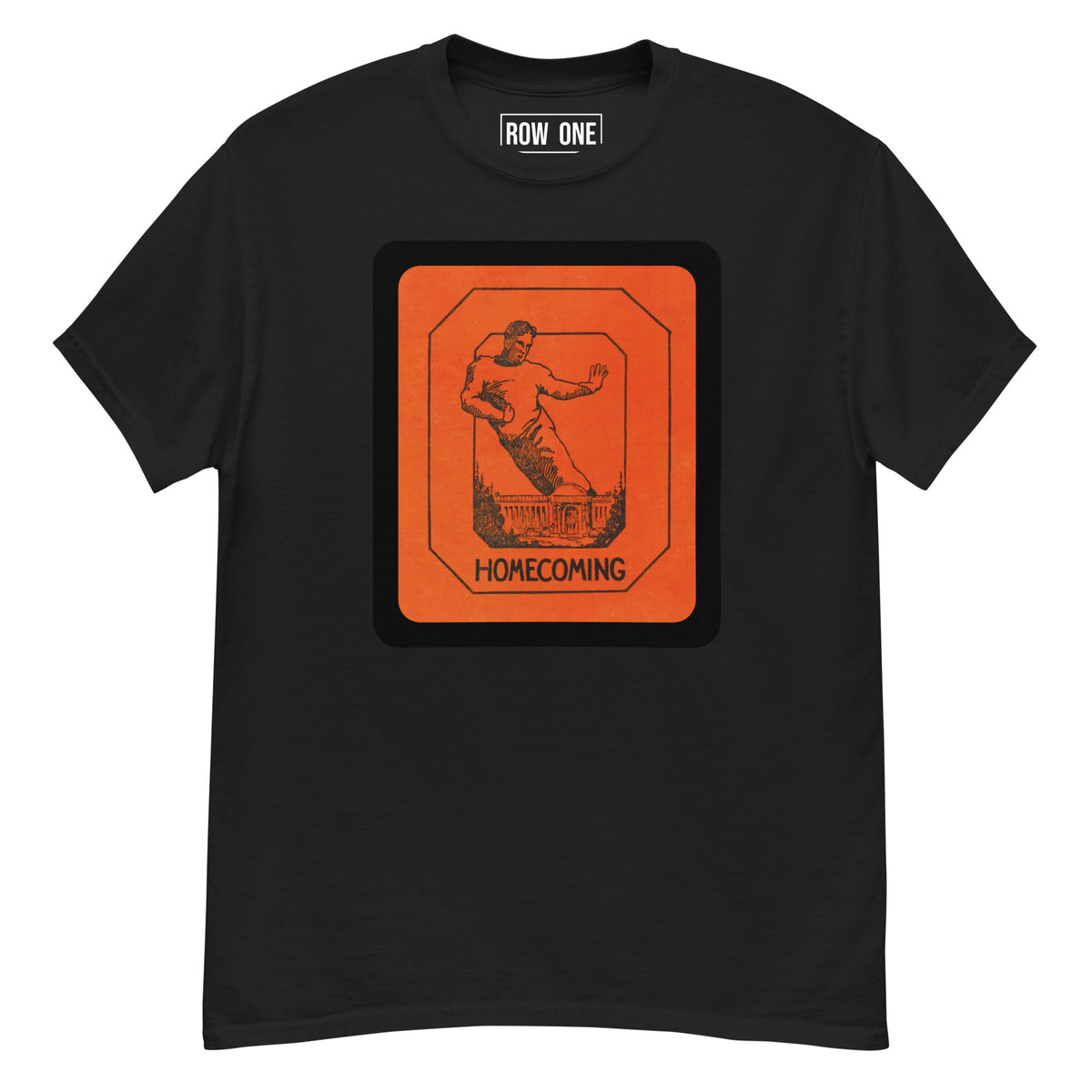 A black short-sleeve crewneck t-shirt featuring a large orange graphic print on the front with a silhouette of a football player and the word 'HOMECOMING'. The inside collar shows a white label with the brand 'ROW ONE'.