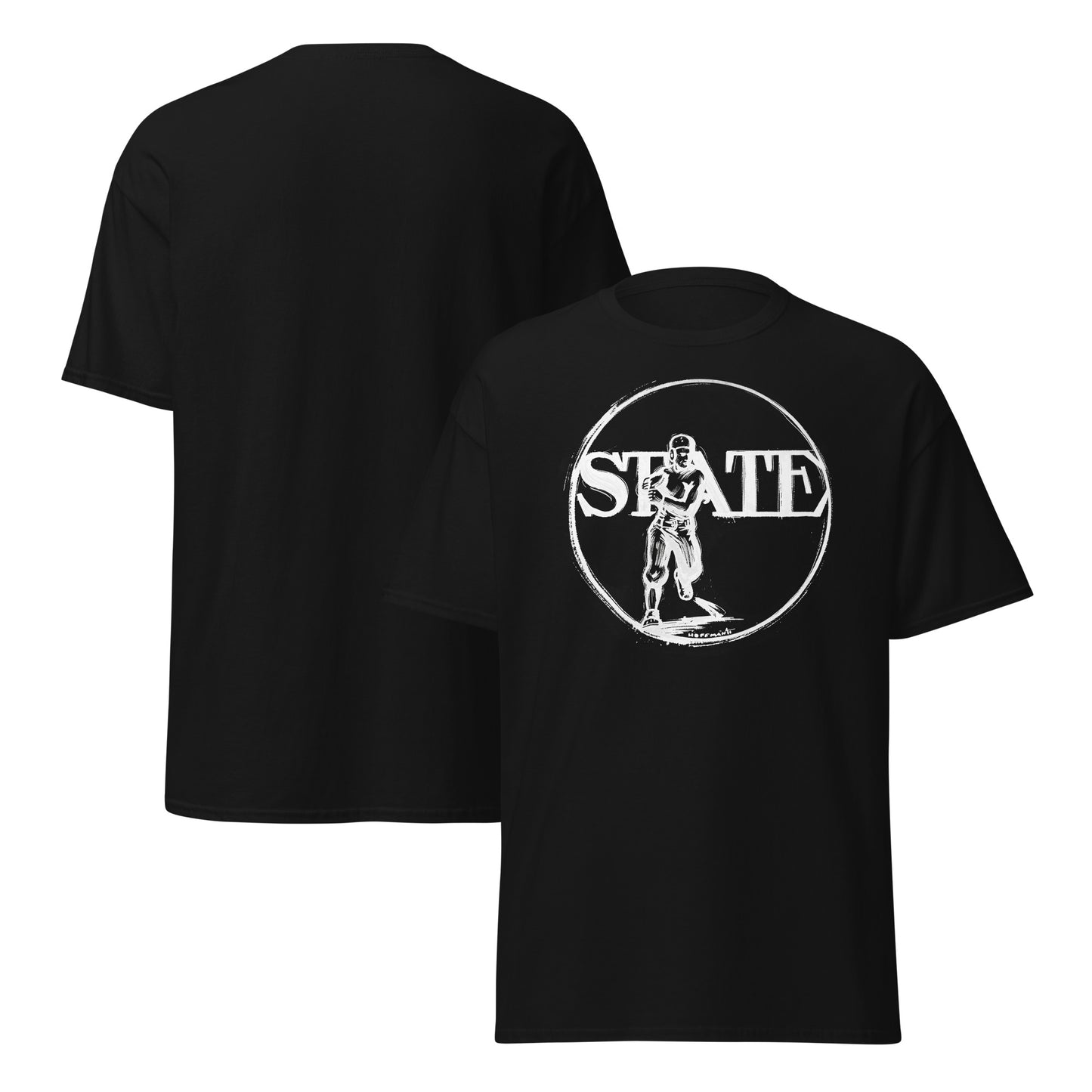 Row One Brand Vintage Sports Tee Black tee with vintage early 1900s "State" football player art design on a white background