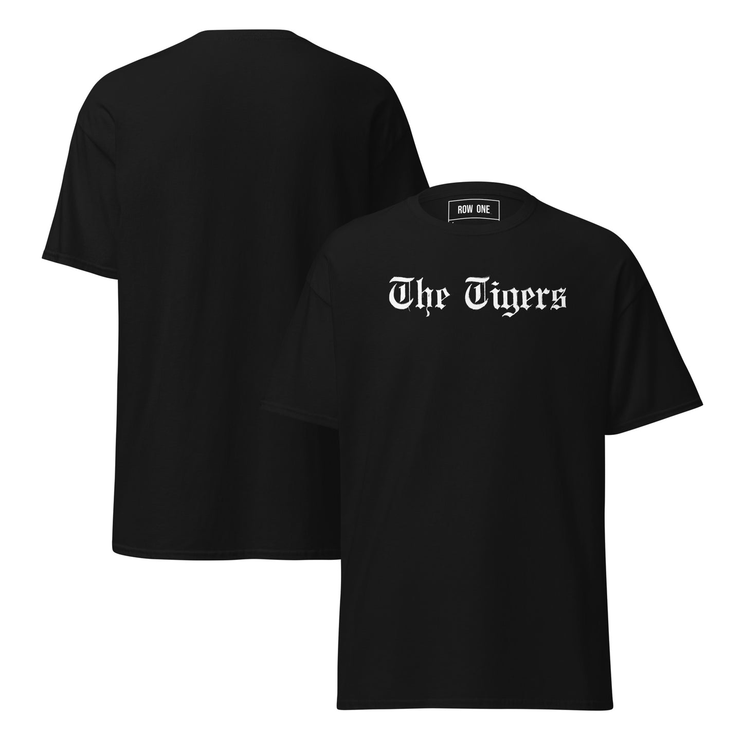Black t-shirt with "The Tigers" on a white background and Row One trademark in label.