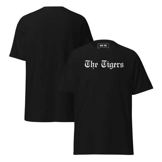 Black t-shirt with "The Tigers" on a white background and Row One trademark in label.