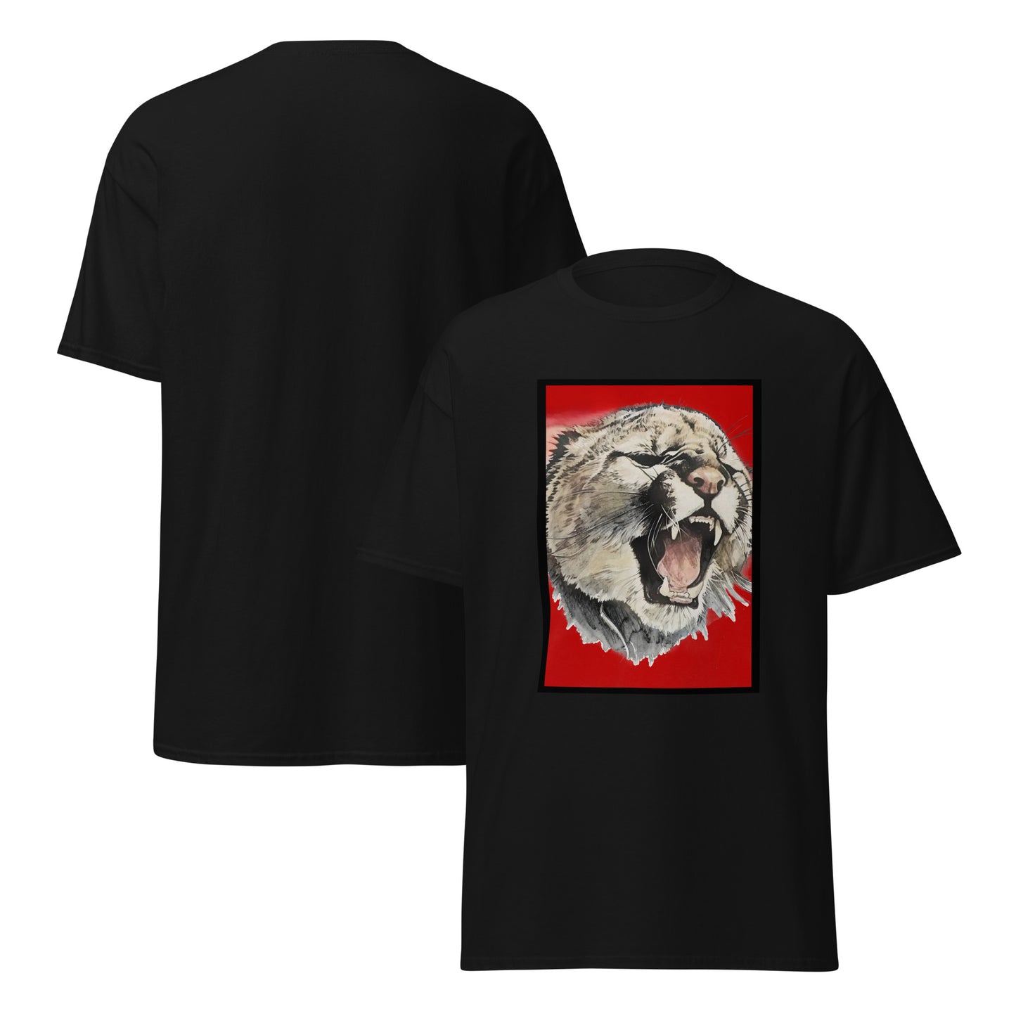 Black short-sleeve t-shirt shown from both front and back. The front features a large graphic print of a roaring couagr's head on a bright red rectangular background.