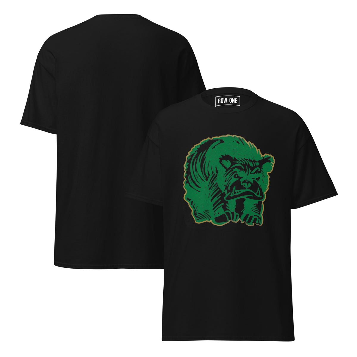 Row One™ trademark inside label tee with front graphic design Black t-shirt with a 1950s bear on the chest, shown from front and back views.