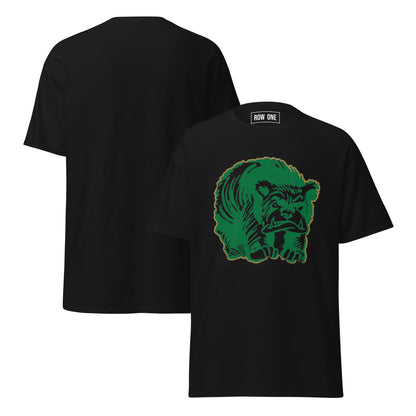 Row One™ trademark inside label tee with front graphic design Black t-shirt with a 1950s bear on the chest, shown from front and back views.