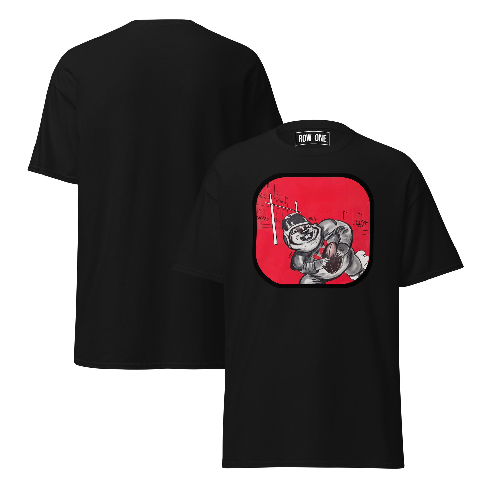 Black short-sleeve t-shirt shown from both front and back. The front features a small white 'ROW ONE' brand label at the inner neck.