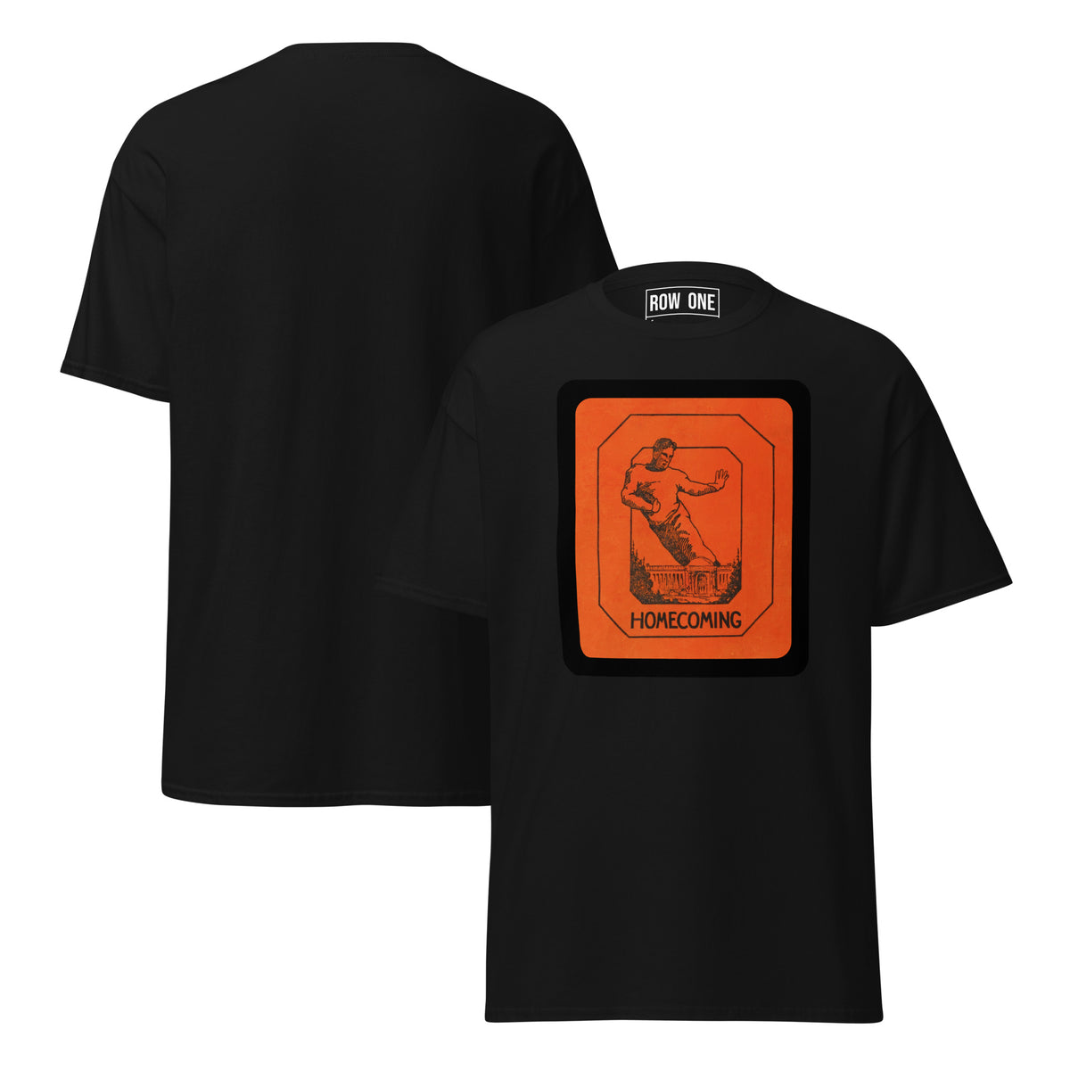 Two black short-sleeve t-shirts shown on a white background, one displaying the back with a large orange and black 'Homecoming' graphic, and the other showing the front with a 'Row One' neck label.