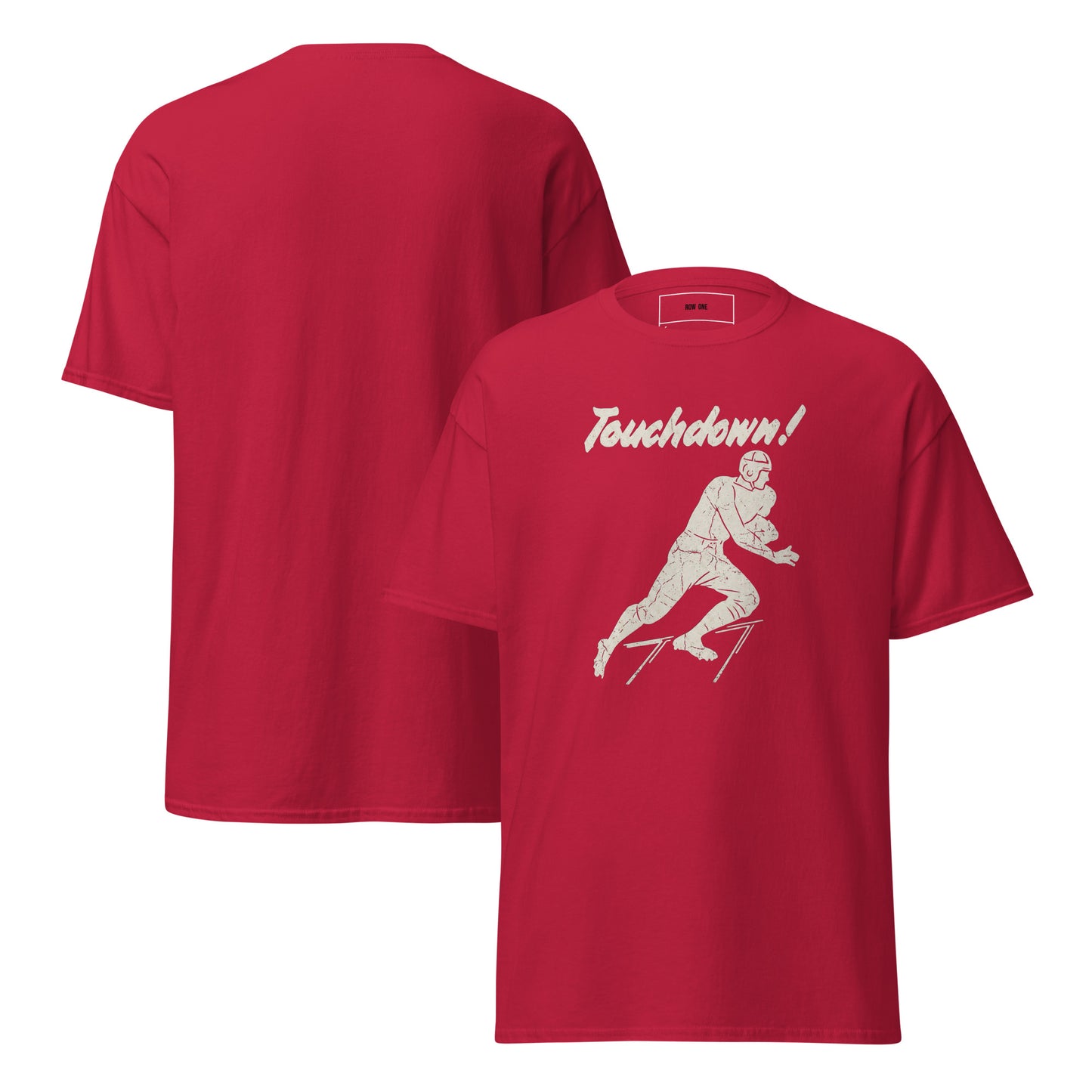 Vintage Touchdown Tee with 1930s football player graphic on red tee