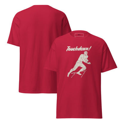 Vintage Touchdown Tee with 1930s football player graphic on red tee