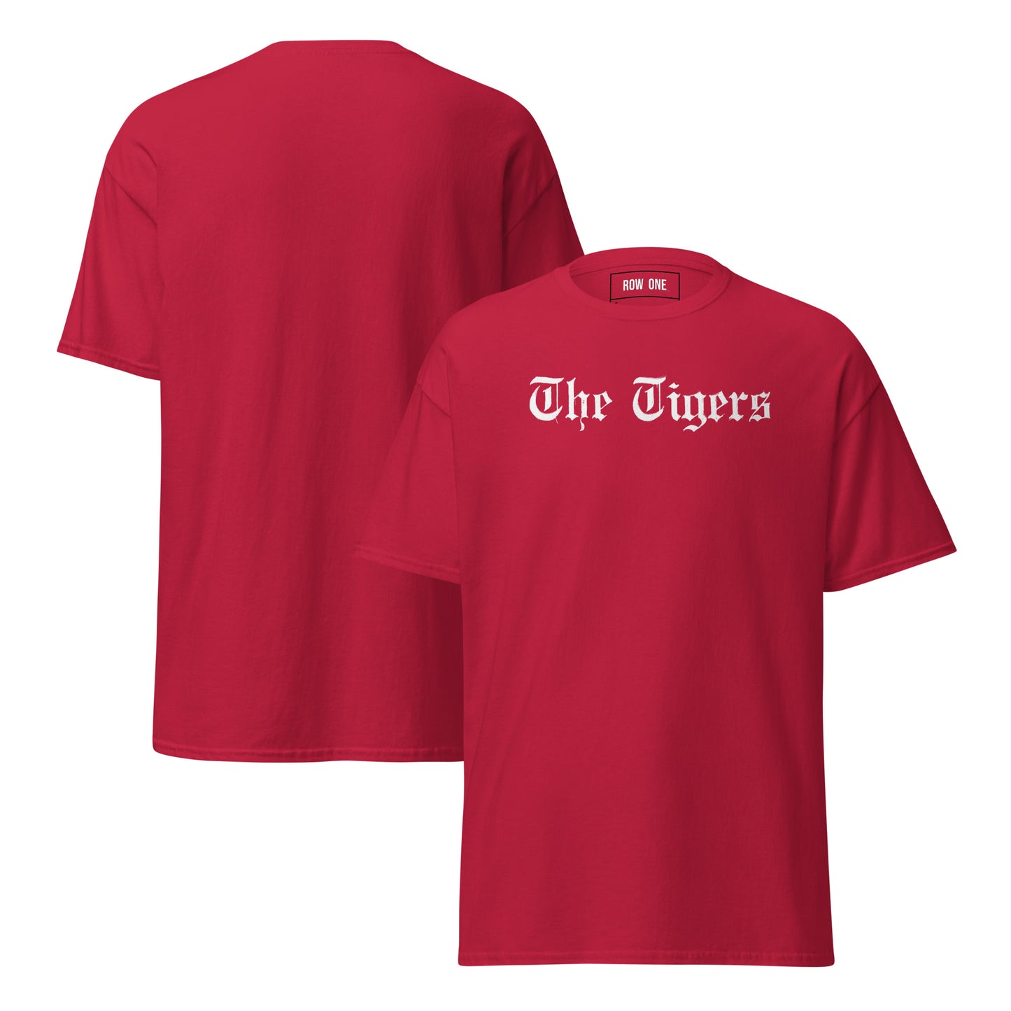 Gildan t-shirt with "The Tigers" on a white background and Row One trademark in label.