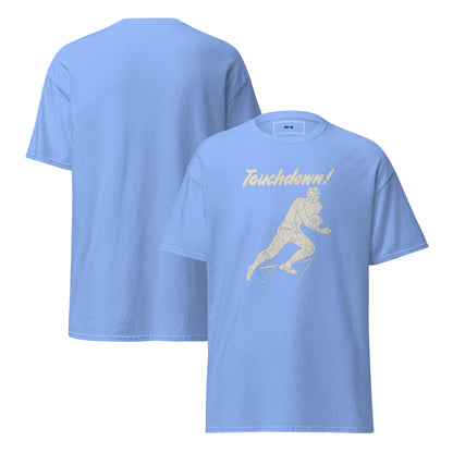 Vintage Touchdown Tee with 1930s football player graphic on light blue tee