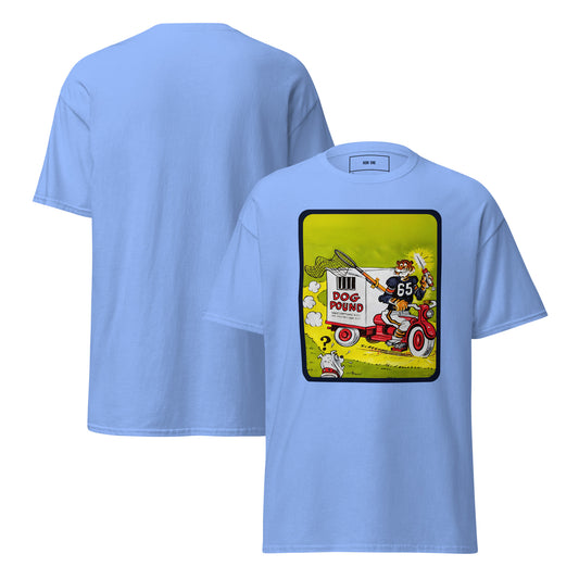 A blue short-sleeve t-shirt shown from both front and back. The front features a large square graphic print on the chest depicting a tiger with a net riding a vehicle labeled "Dog Pound" and a bulldog with a question mark over his head.