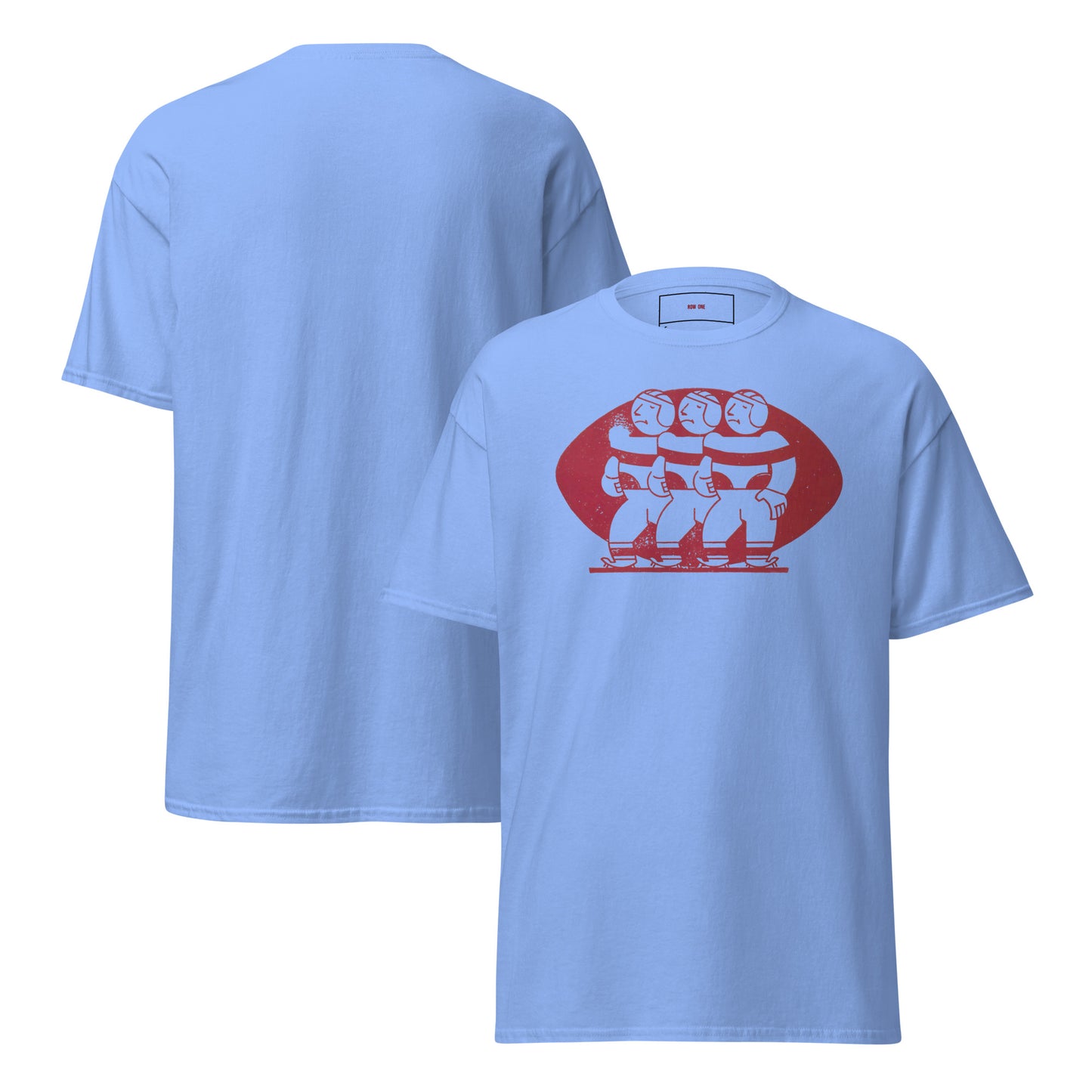 A light blue short-sleeve t-shirt shown from both front and back. The front features a red graphic of three stylized figures inside a red oval on the chest.