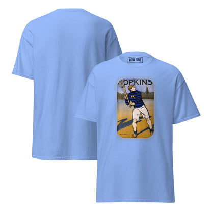 A light blue lacrosse tee short-sleeve t-shirt shown from both front and back. The front features a vintage-style graphic print of a lacrosse player with the text 'OPKINS' above it.