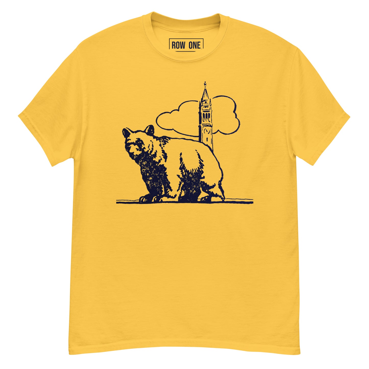 A yellow short-sleeve crewneck t-shirt with a black graphic print of a grizzly bear, a clock tower, and a cloud. The brand name 'ROW ONE' is printed inside the collar.