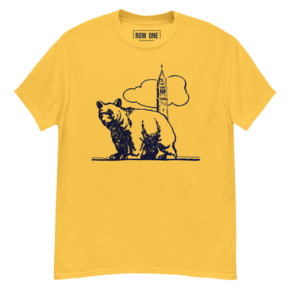 A yellow short-sleeve crewneck t-shirt with a black graphic print of a grizzly bear, a clock tower, and a cloud. The brand name 'ROW ONE' is printed inside the collar.