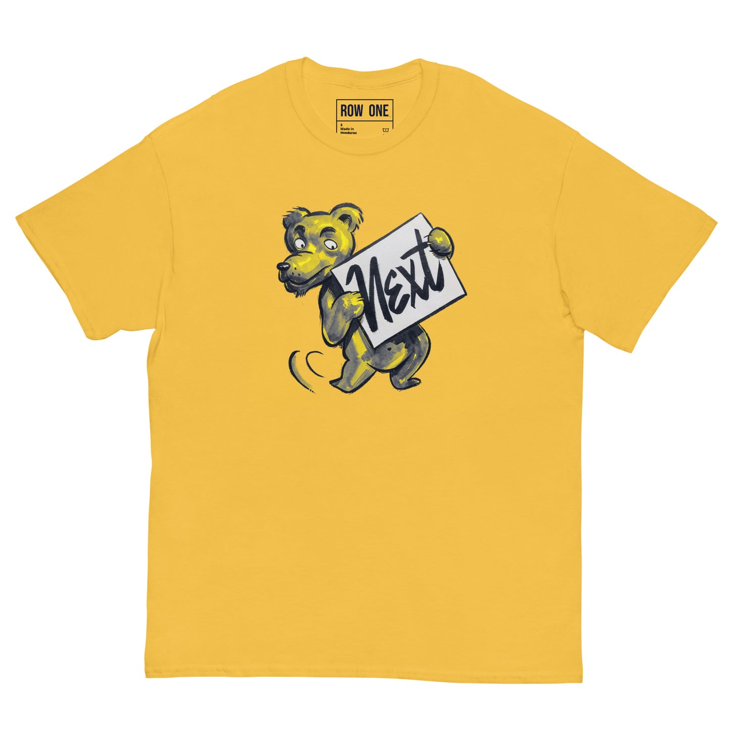 A yellow crewneck t-shirt featuring a cartoon tiger mascot holding a sign that says 'Next' in black script. The brand name 'ROW ONE' is printed inside the collar.