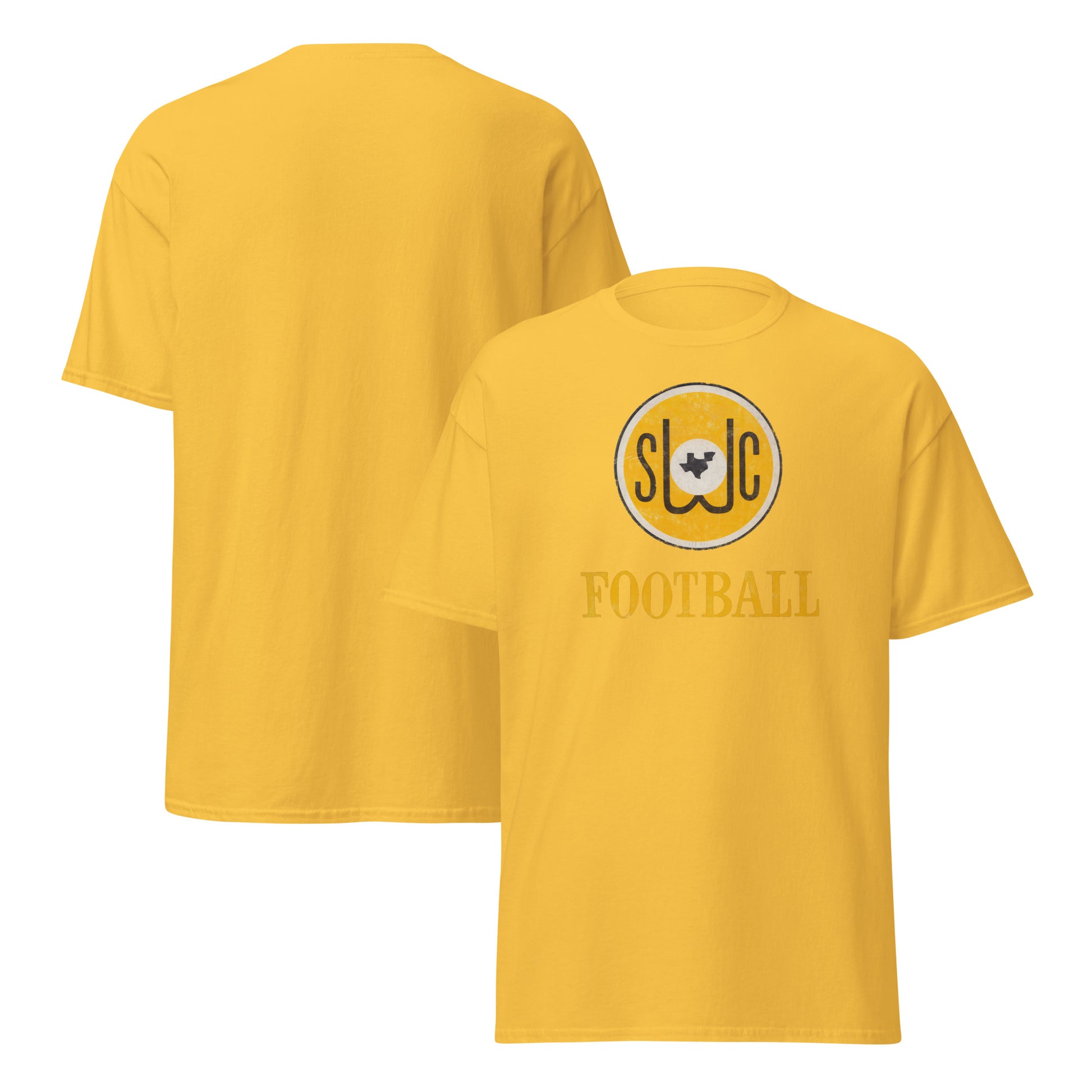 Two yellow short-sleeve t-shirts shown on a white background, one from the back and one from the front. The front shirt features a circular 'SWC' logo with a Texas-Arkansas map graphic and the word 'FOOTBALL' printed below.