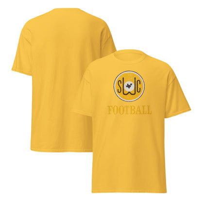 Two yellow short-sleeve t-shirts shown on a white background, one from the back and one from the front. The front shirt features a circular 'SWC' logo with a Texas-Arkansas map graphic and the word 'FOOTBALL' printed below.