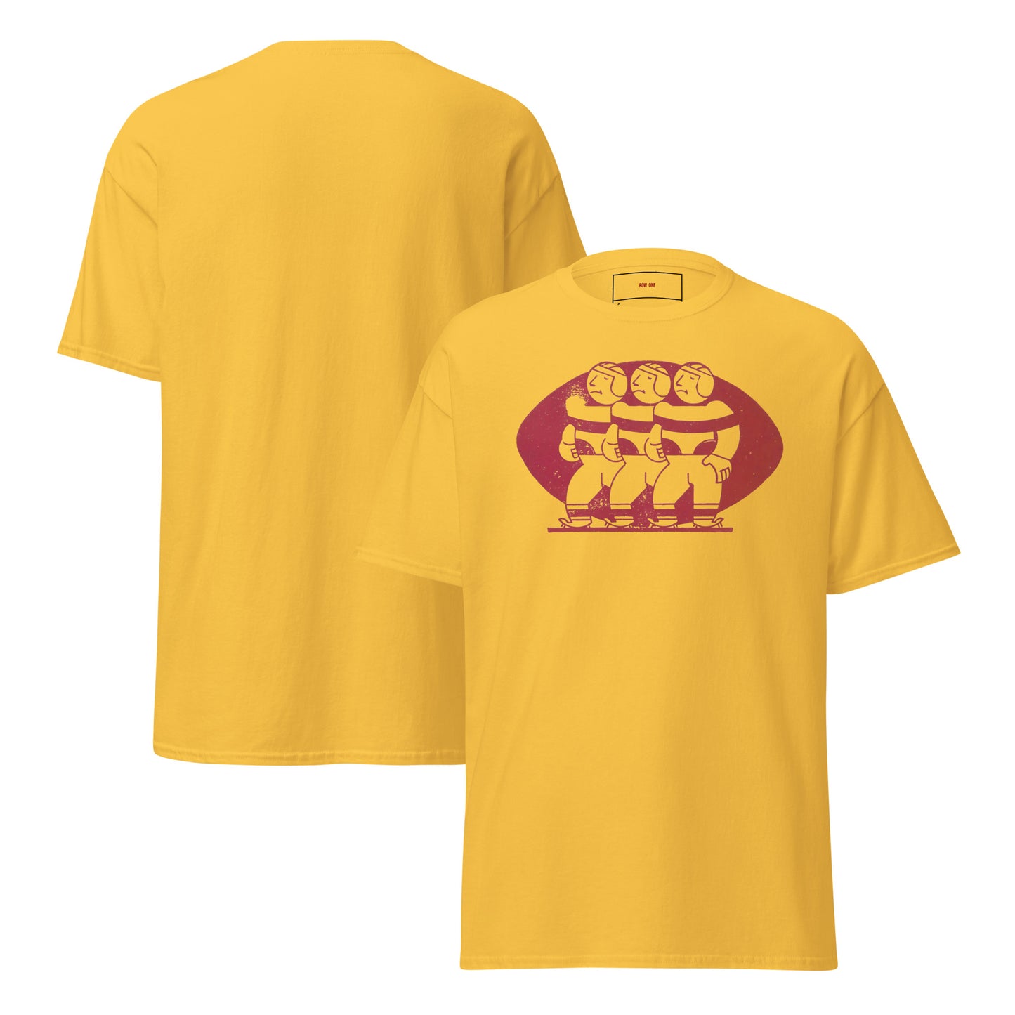 A yellow short-sleeve t-shirt shown from both the front and back. The front features a red graphic of three cartoon football players standing in front of a red football.