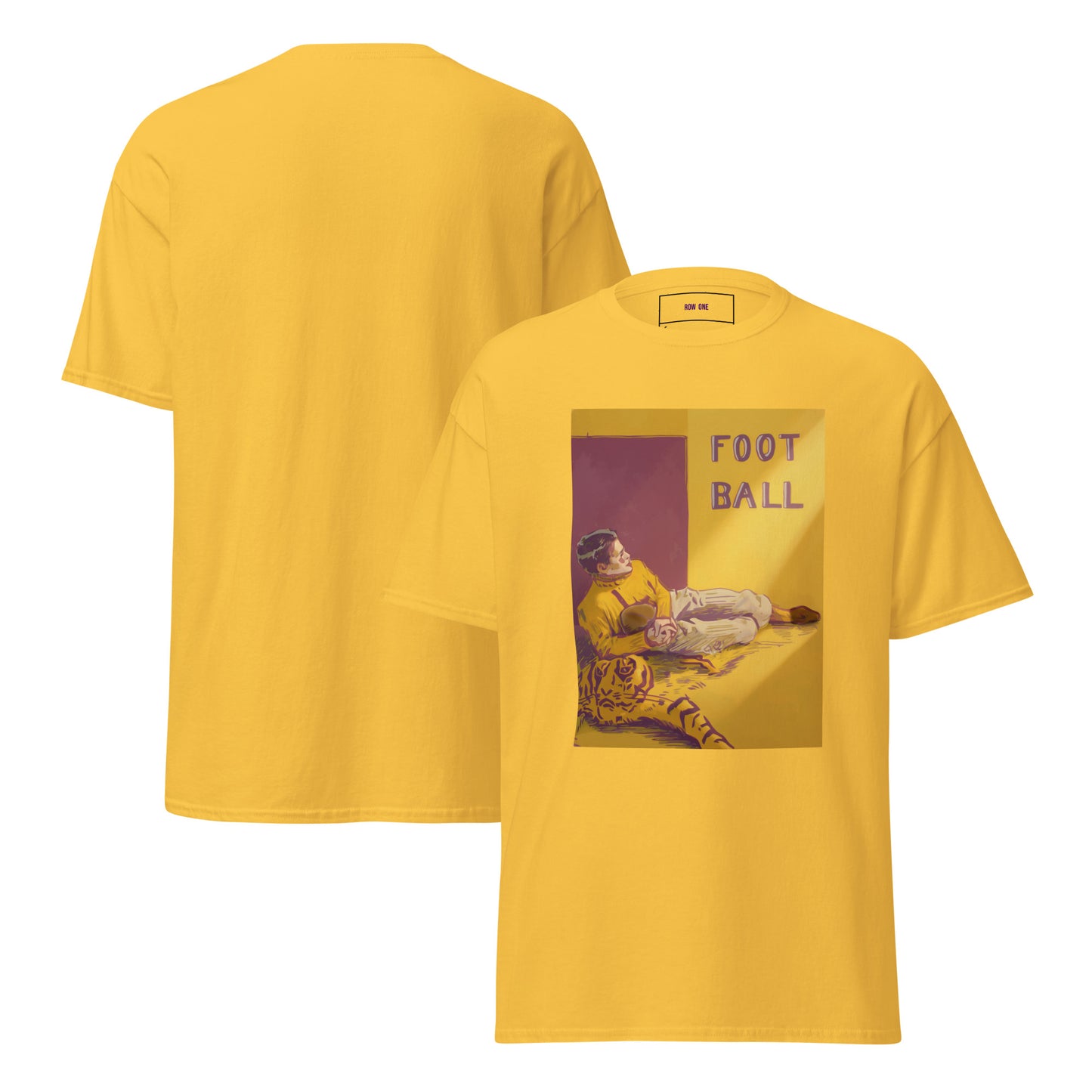 A yellow short-sleeve t-shirt shown from both front and back. The front features a rectangular graphic print with a vintage illustration of a person and the words 'FOOT BALL' in purple and gold.