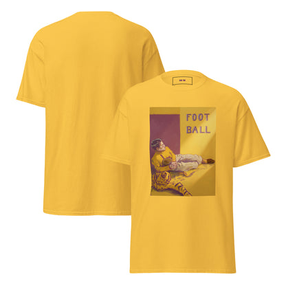 A yellow short-sleeve t-shirt shown from both front and back. The front features a rectangular graphic print with a vintage illustration of a person and the words 'FOOT BALL' in purple and gold.