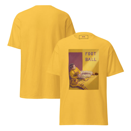 A yellow short-sleeve t-shirt shown from both front and back. The front features a rectangular graphic print with a vintage illustration of a person and the words 'FOOT BALL' in purple and gold.