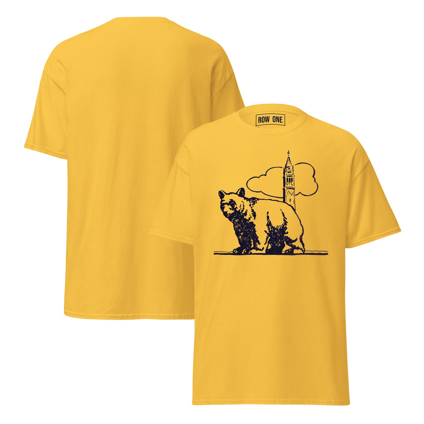 A yellow short-sleeve t-shirt shown from both front and back. The front features a black graphic of a bear standing in front of a cloud-shaped clock tower, with a small 'ROW ONE' brand label printed inside the back collar.