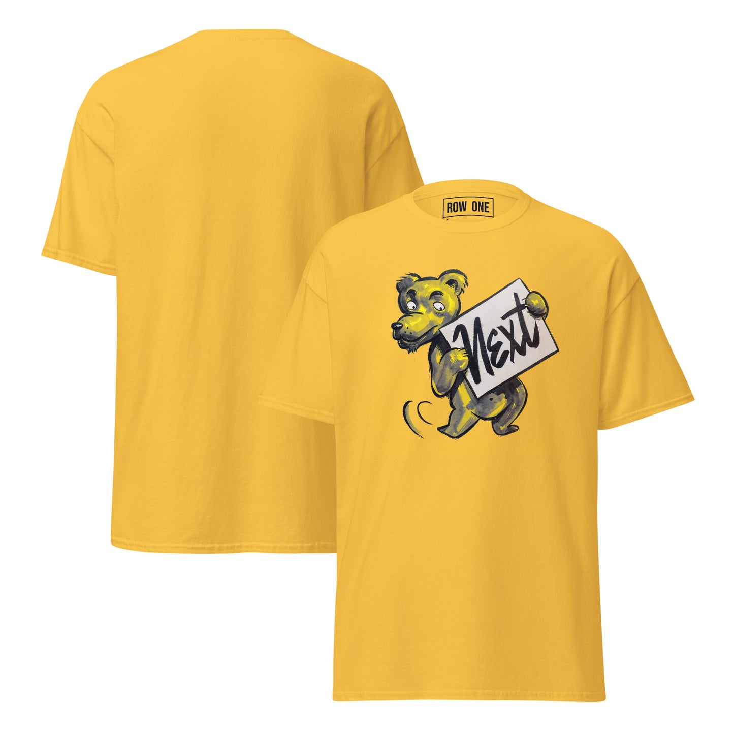 A yellow short-sleeve t-shirt shown from both front and back. The front features a cartoon bear mascot holding a sign that reads 'Next' in script.