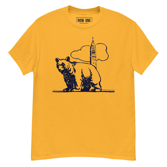 A yellow short-sleeve t-shirt with a dark navy blue graphic of a bear and a clock tower, displayed on a clean white background.