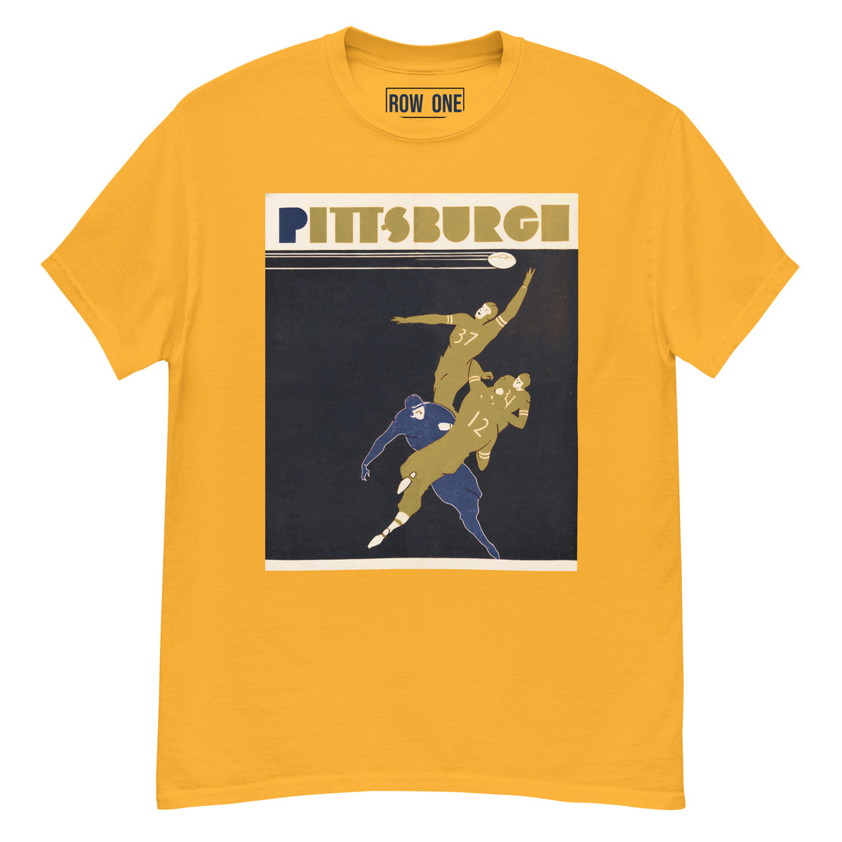 A yellow crewneck t-shirt featuring a vintage-style graphic of Pittsburgh football players in gold and blue on a dark background, with 'ROW ONE' printed inside the collar.