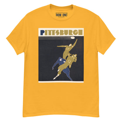A yellow crewneck t-shirt featuring a vintage-style graphic of Pittsburgh football players in gold and blue on a dark background, with 'ROW ONE' printed inside the collar.