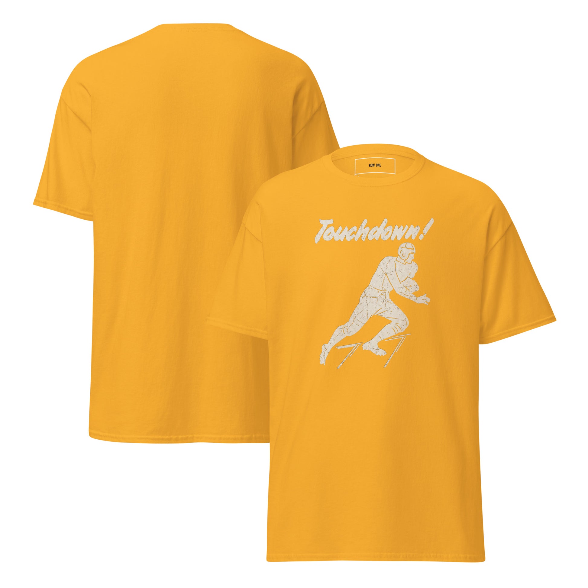 Vintage Touchdown Tee with 1930s football player graphic on yellow tee