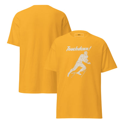 Vintage Touchdown Tee with 1930s football player graphic on yellow tee
