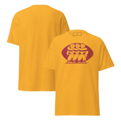 A yellow short-sleeve t-shirt shown from both the front and back. The front features a red graphic of three old school football players standing in front of a red football.