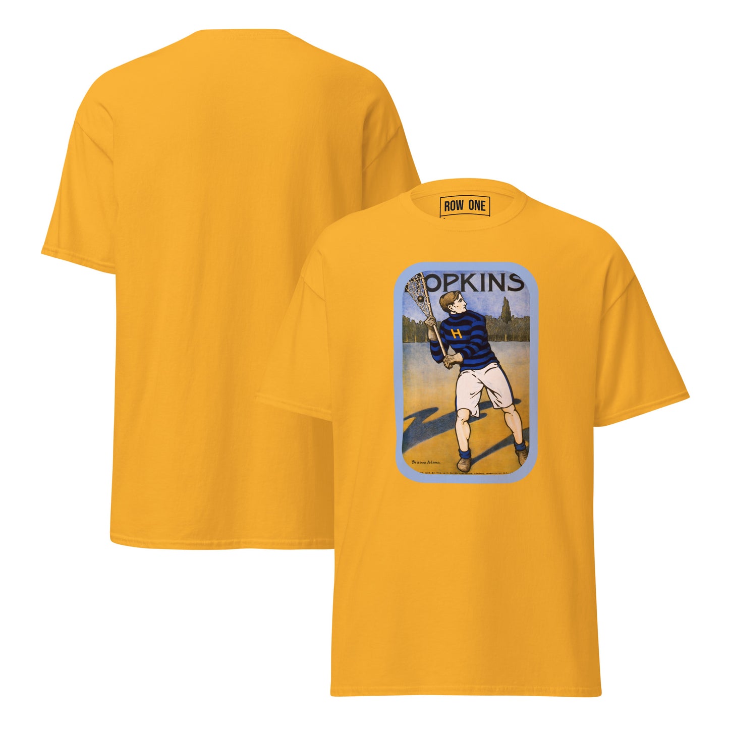 A gold tee lacrosse tee short-sleeve t-shirt shown from both front and back. The front features a vintage-style graphic print of a lacrosse player with the text 'OPKINS' above it.