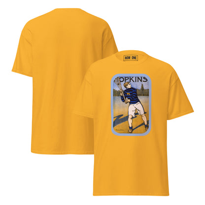 A gold tee lacrosse tee short-sleeve t-shirt shown from both front and back. The front features a vintage-style graphic print of a lacrosse player with the text 'OPKINS' above it.